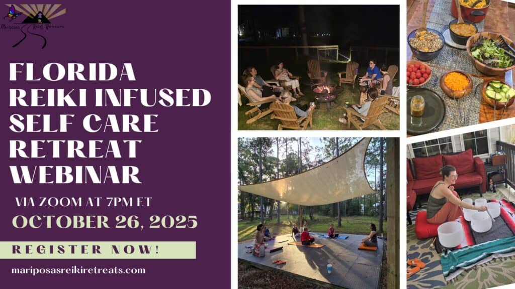 Retiro de autocuidado con Reiki en Florida - webinar 26 de octubre 2025 con yoga, meditación y fogata
